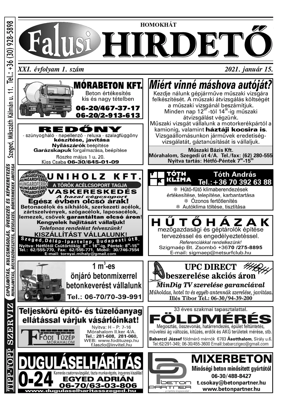 A Falusi Hirdető címlapja – Homokhát, 2021. január 15.