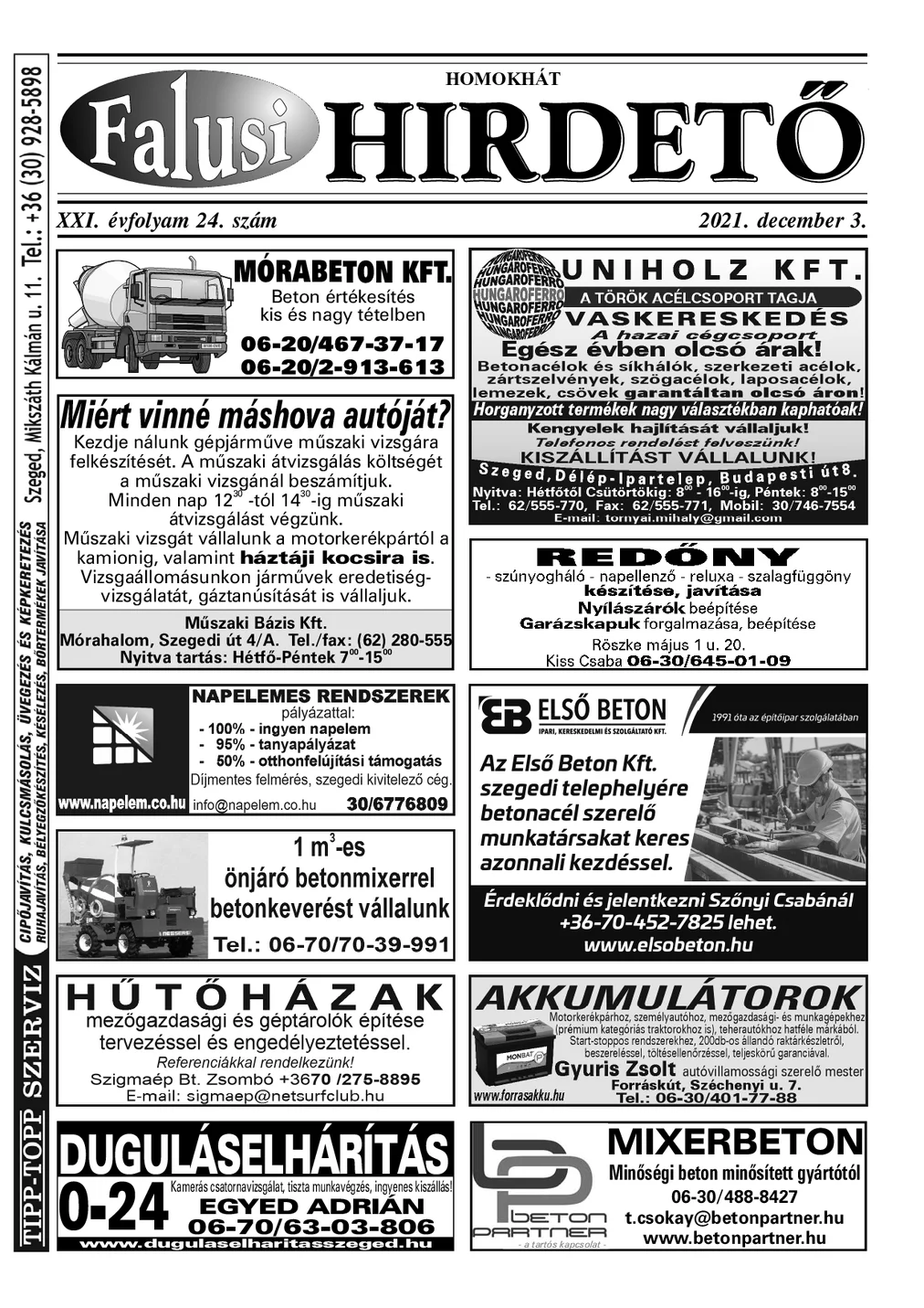 A Falusi Hirdető címlapja – Homokhát, 2021. december 3.