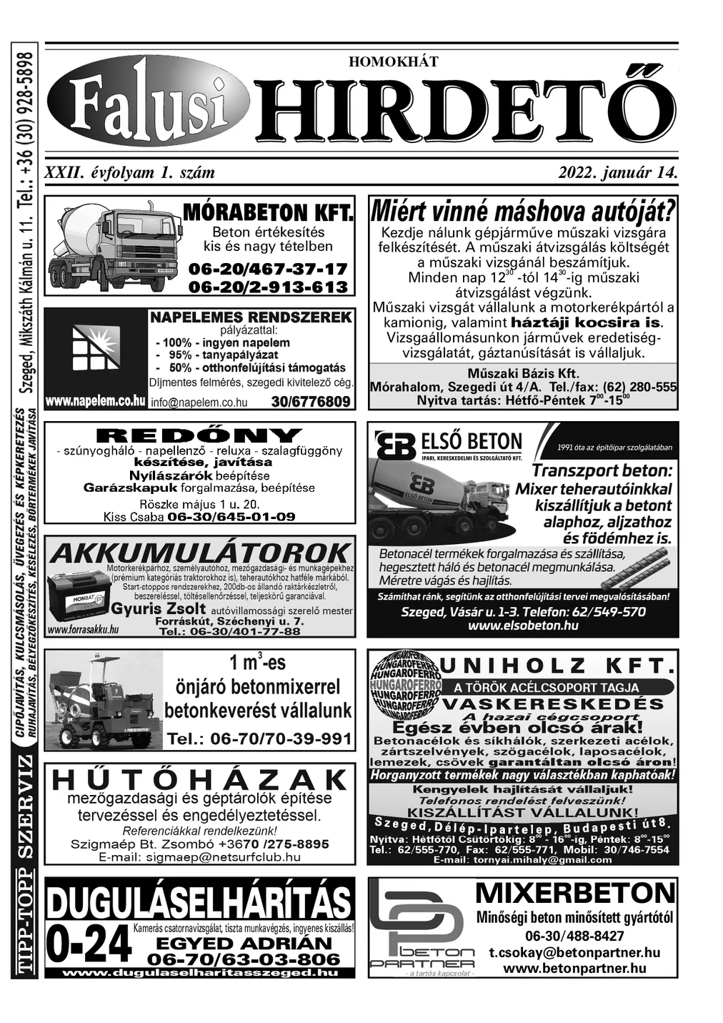 A Falusi Hirdető címlapja – Homokhát, 2022. január 14.