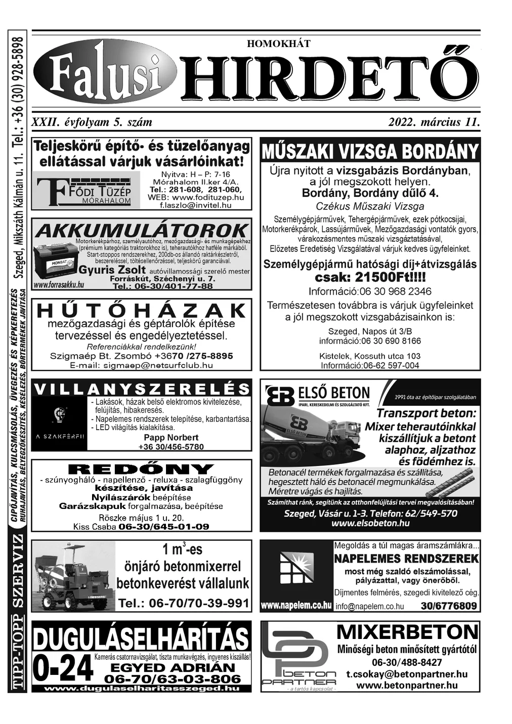 A Falusi Hirdető címlapja – Homokhát, 2022. március 11.