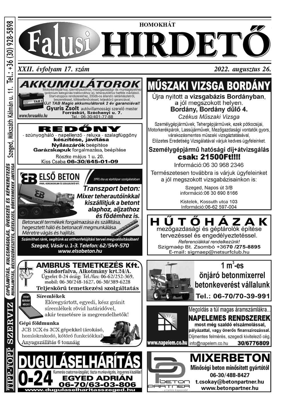 A Falusi Hirdető címlapja – Homokhát, 2022. augusztus 26.