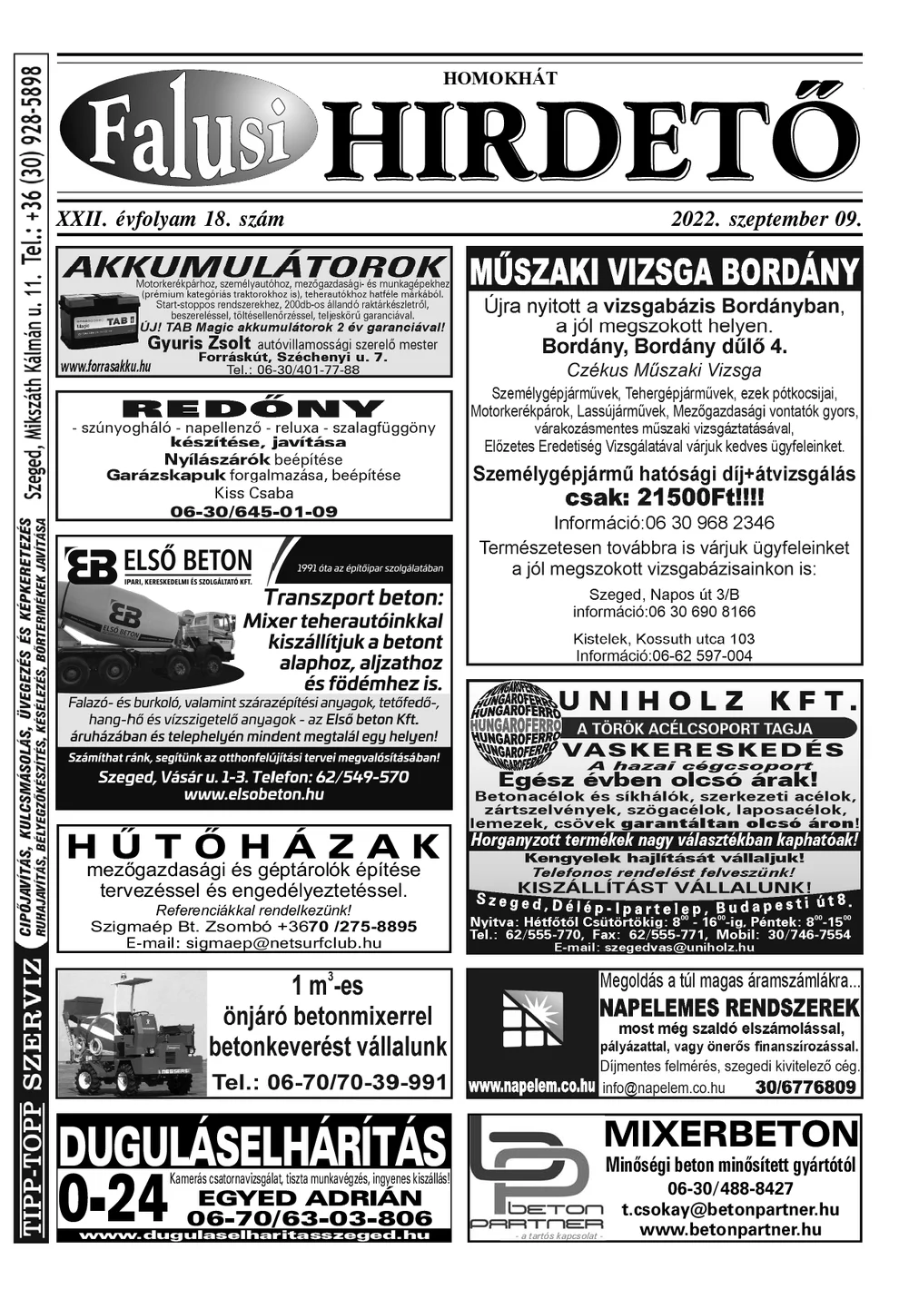 A Falusi Hirdető címlapja – Homokhát, 2022. szeptember 9.