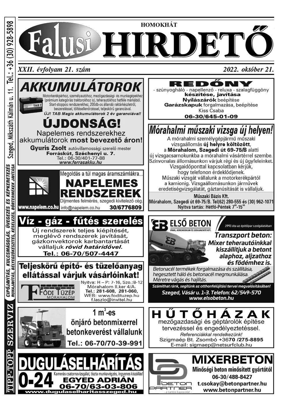 A Falusi Hirdető címlapja – Homokhát, 2022. október 21.