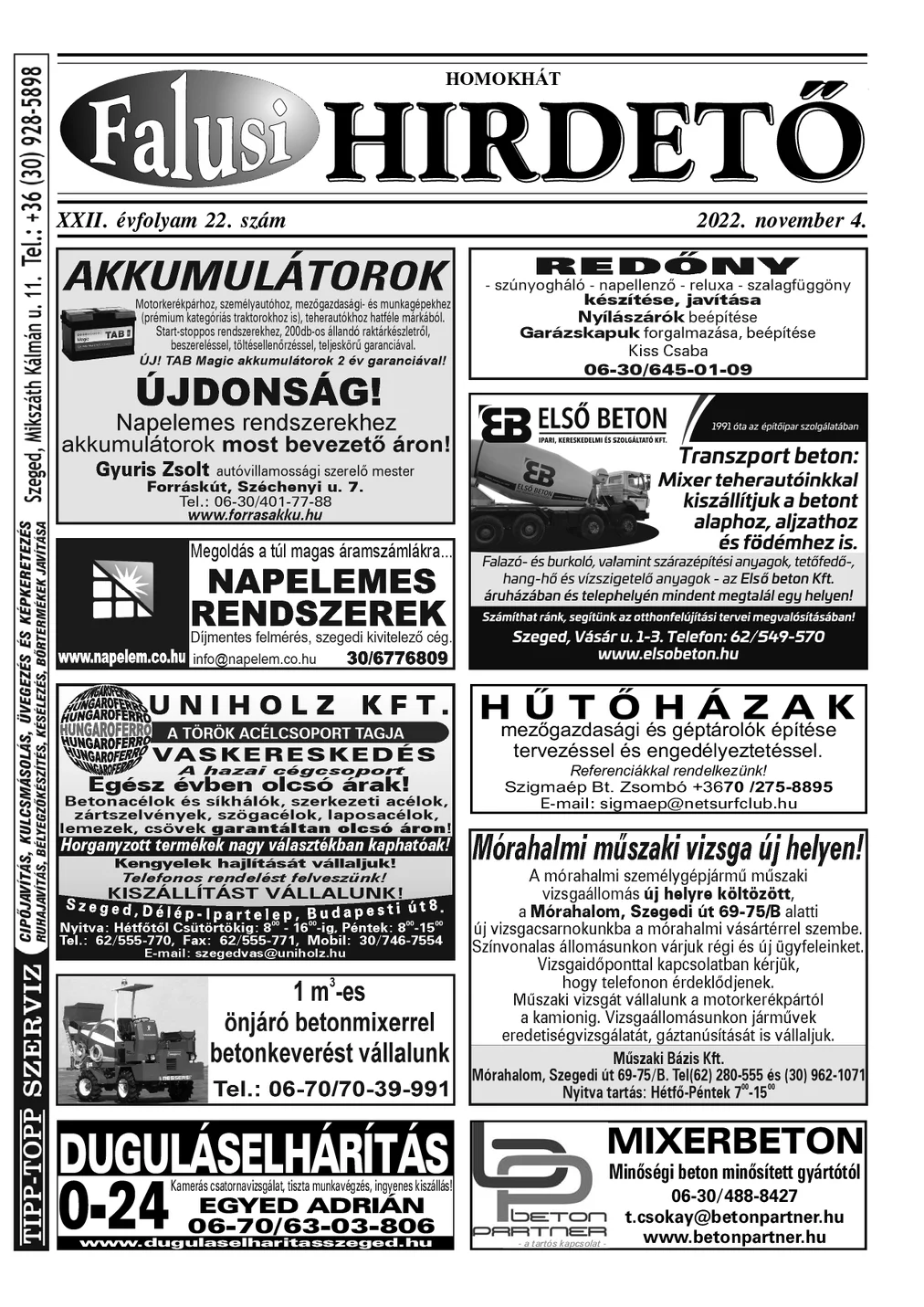 A Falusi Hirdető címlapja – Homokhát, 2022. november 4.
