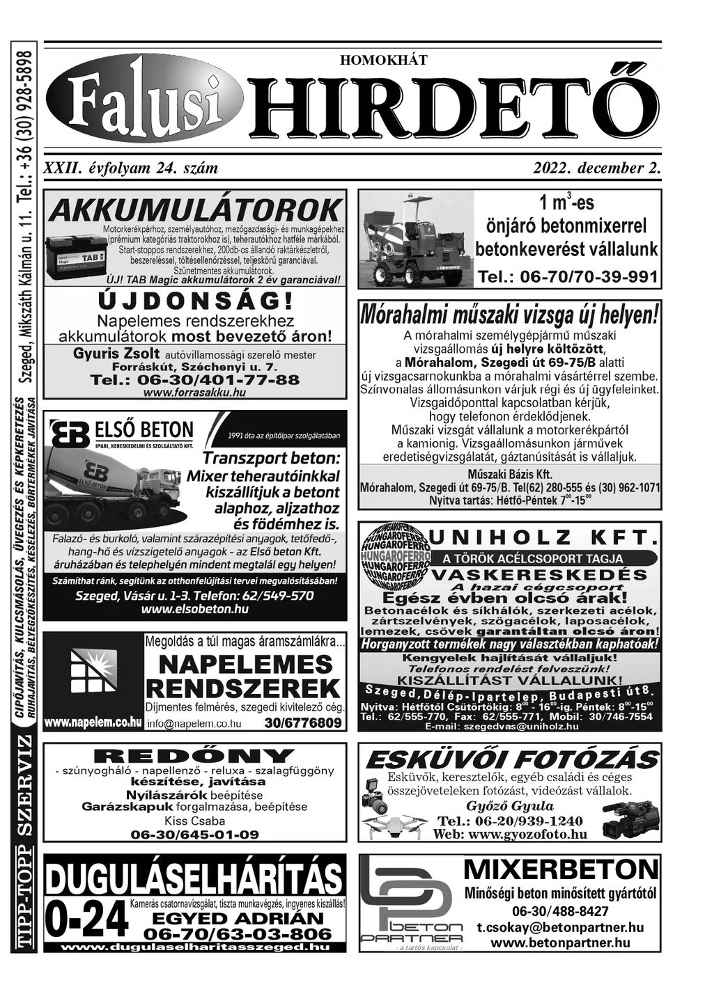 A Falusi Hirdető címlapja – Homokhát, 2022. december 2.
