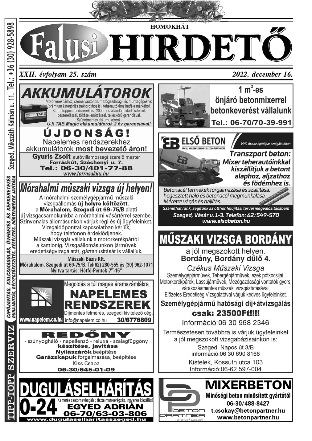 A Falusi Hirdető címlapja – Homokhát, 2022. december 16.