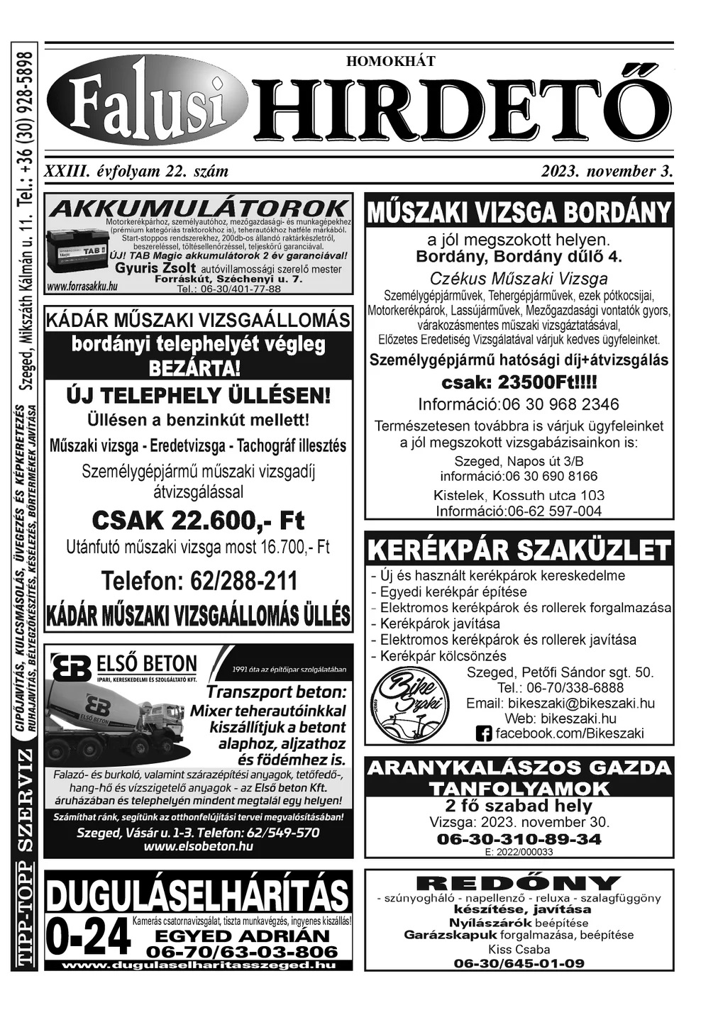 A Falusi Hirdető címlapja – Homokhát, 2023. november 3.