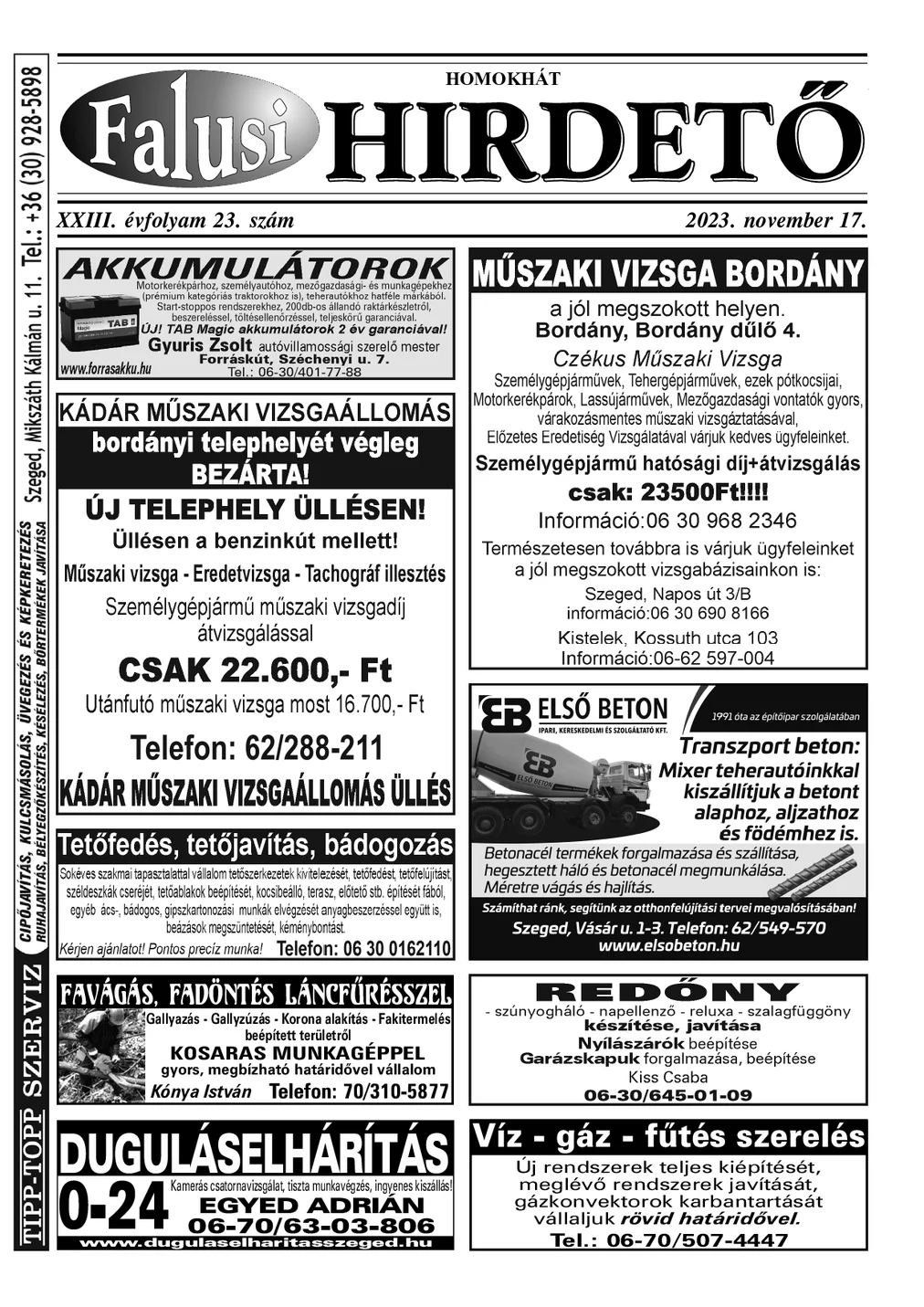A Falusi Hirdető címlapja – Homokhát, 2023. november 17.