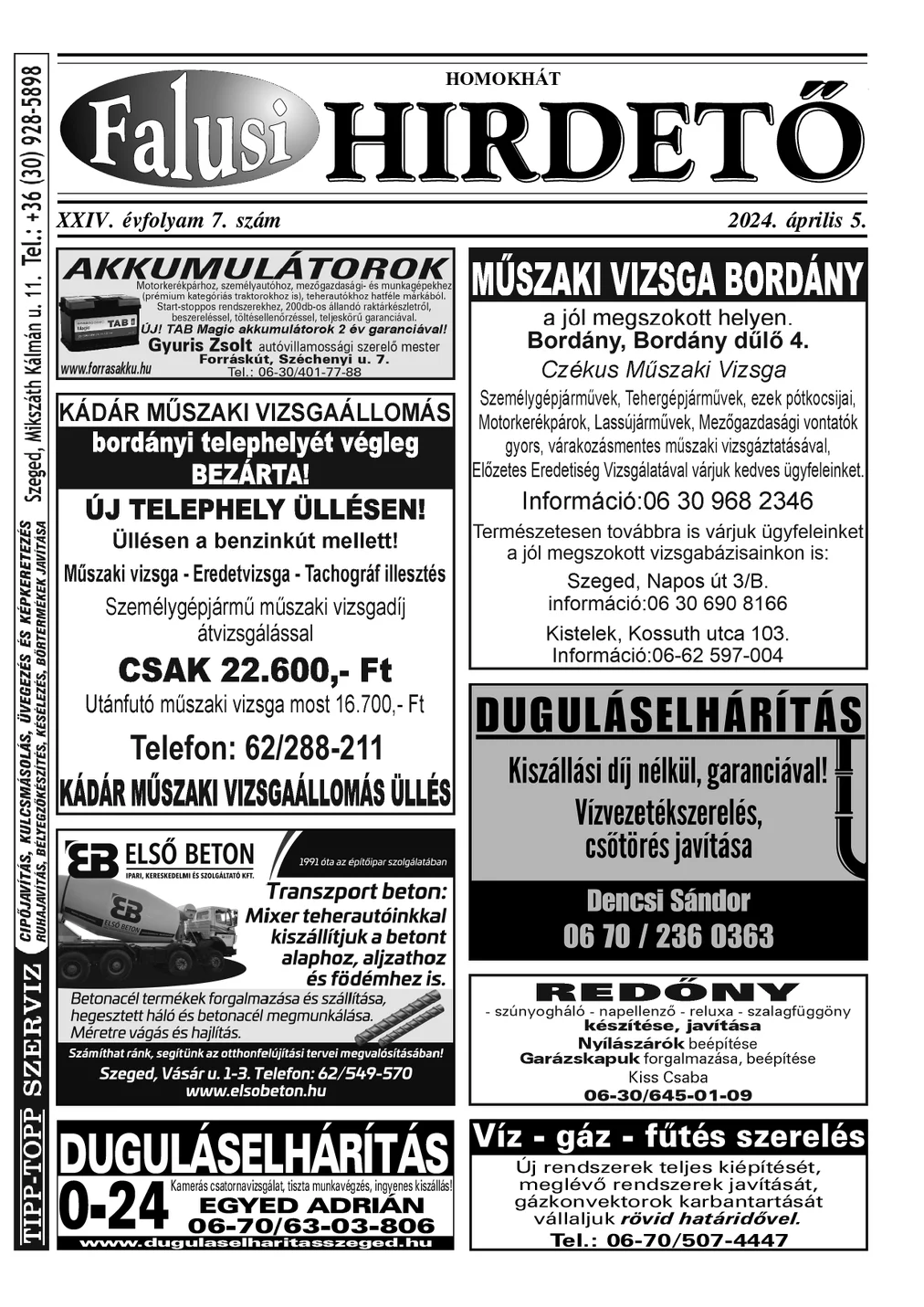 A Falusi Hirdető címlapja – Homokhát, 2024. április 5.
