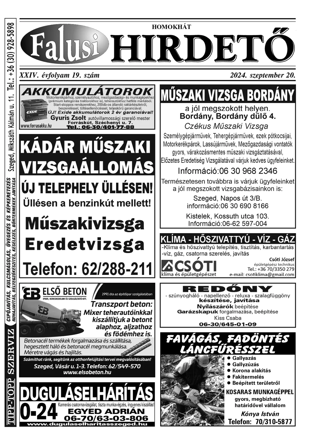 A Falusi Hirdető címlapja – Homokhát, 2024. szeptember 20.
