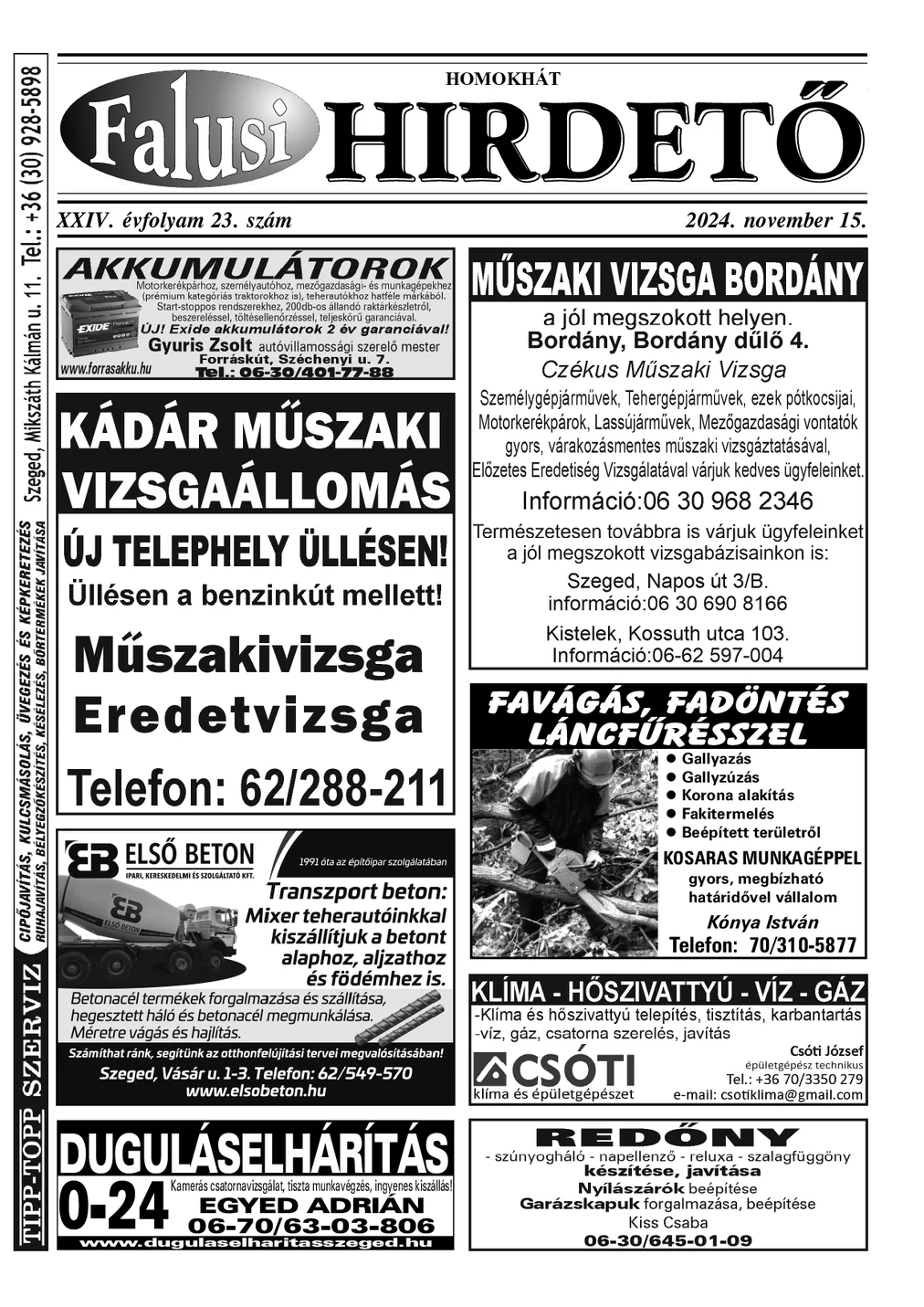 A Falusi Hirdető címlapja – Homokhát, 2024. november 15.