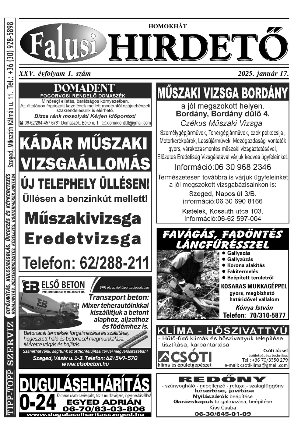 A Falusi Hirdető címlapja – Homokhát, 2025. január 17.