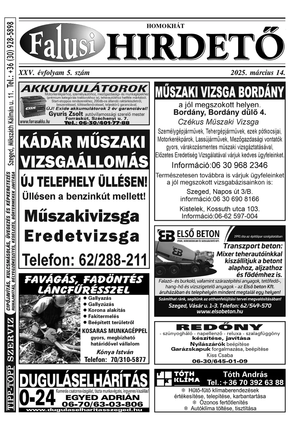 A Falusi Hirdető címlapja – Homokhát, 2025. március 14.
