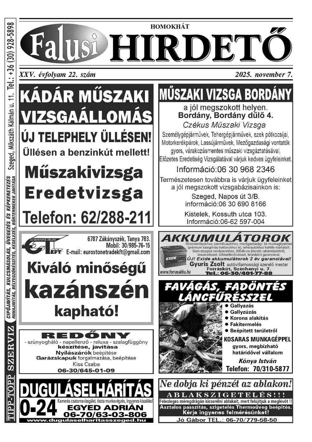 A Falusi Hirdető címlapja – Homokhát, 2025. november 7.