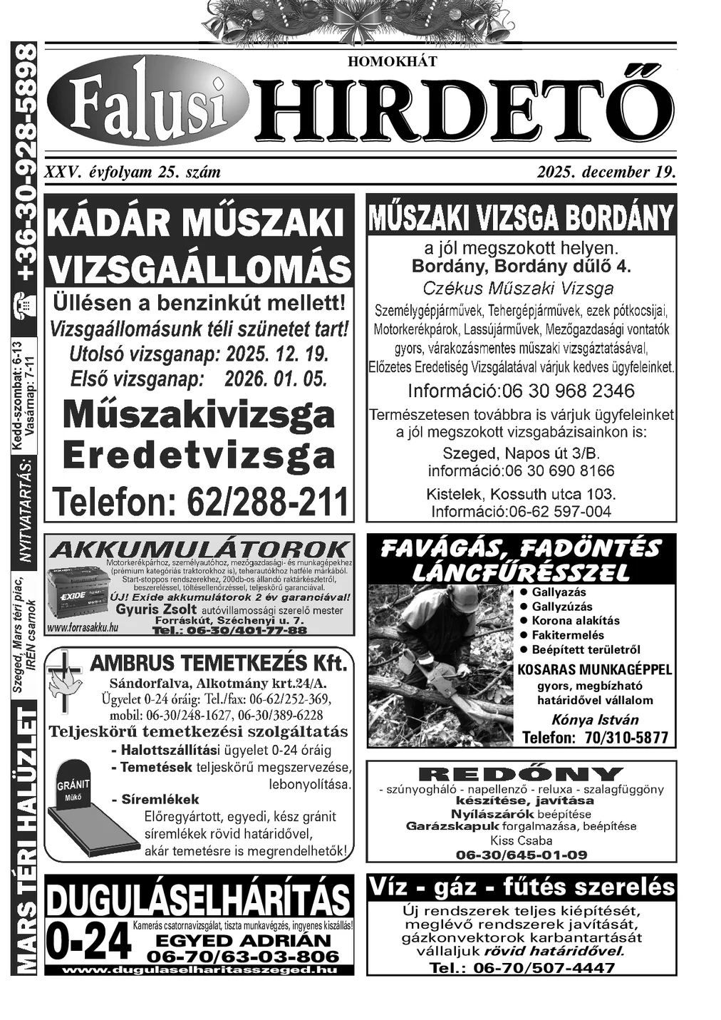 A Falusi Hirdető címlapja – Homokhát, 2025. december 19.