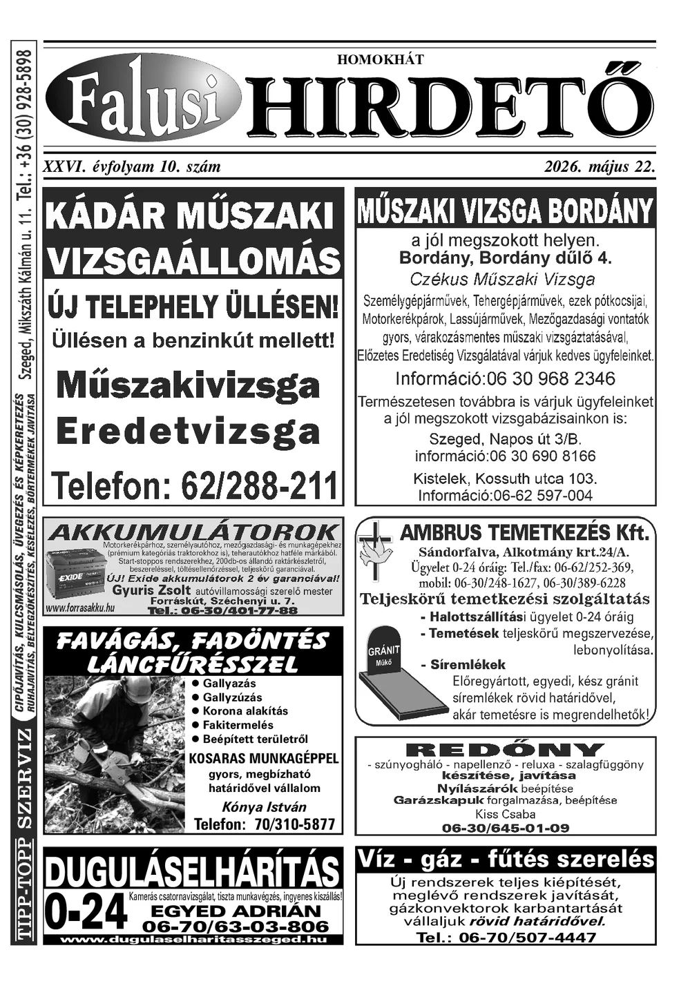 A Falusi Hirdető címlapja – Homokhát, 2026. május 22.