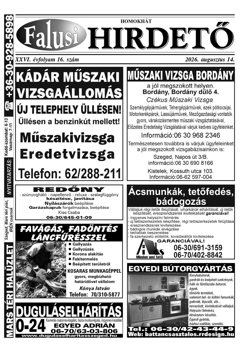 A Falusi Hirdető címlapja – Homokhát, 2026. augusztus 14.