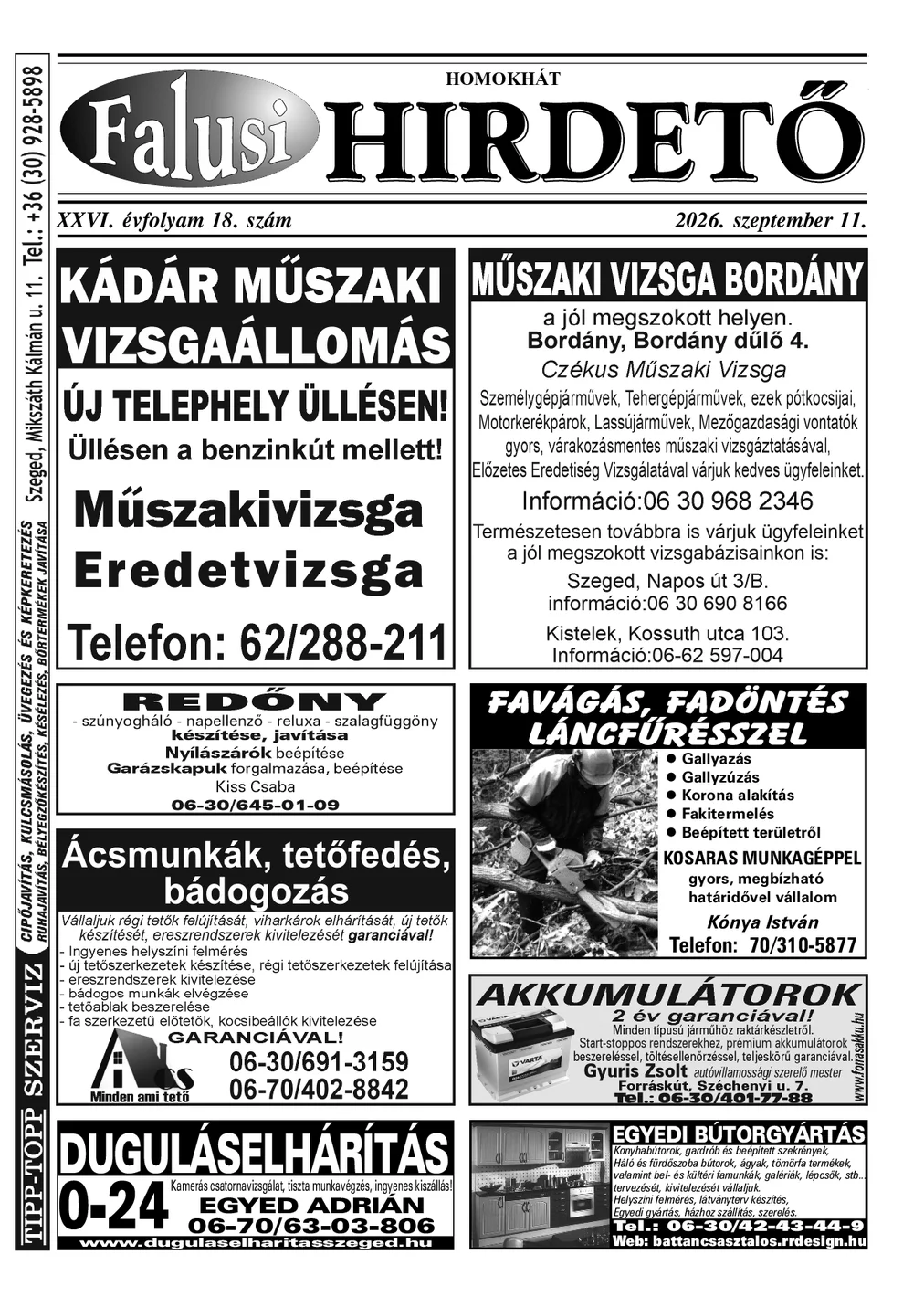 A Falusi Hirdető címlapja – Homokhát, 2026. szeptember 11.