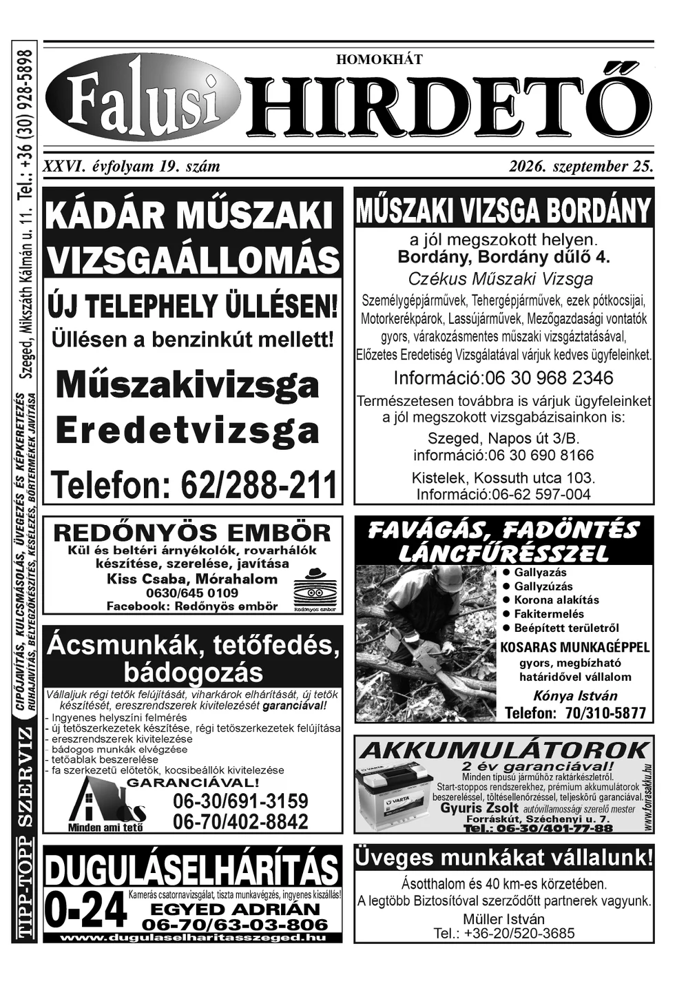 A Falusi Hirdető címlapja – Homokhát, 2026. szeptember 25.