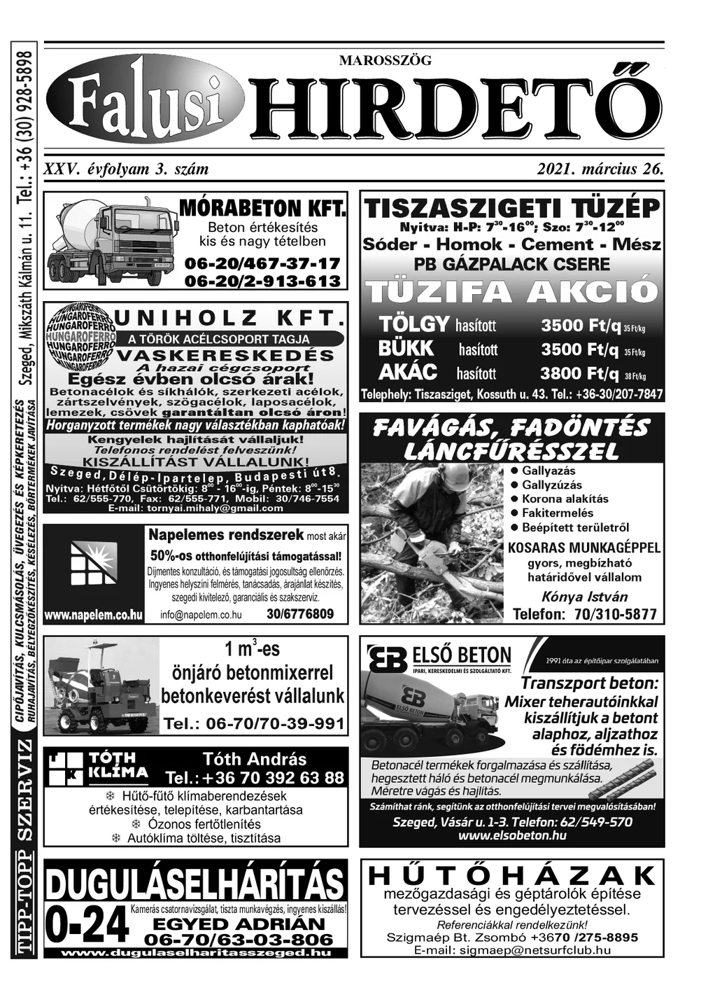 A Falusi Hirdető címlapja – Marosszög, 2021. március 26.