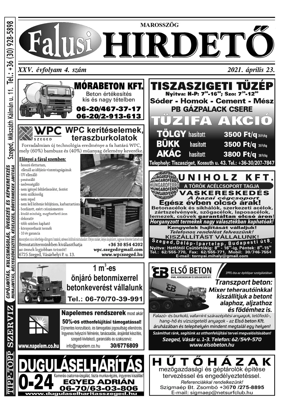 A Falusi Hirdető címlapja – Marosszög, 2021. április 23.