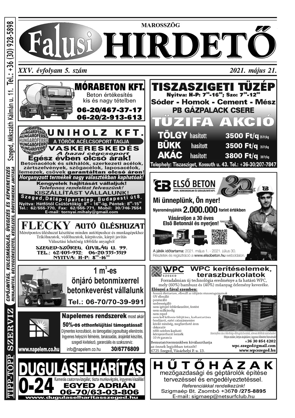 A Falusi Hirdető címlapja – Marosszög, 2021. május 21.
