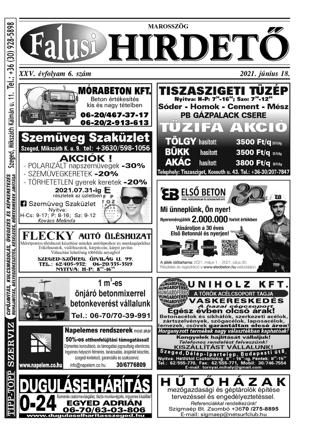 A Falusi Hirdető címlapja – Marosszög, 2021. június 18.