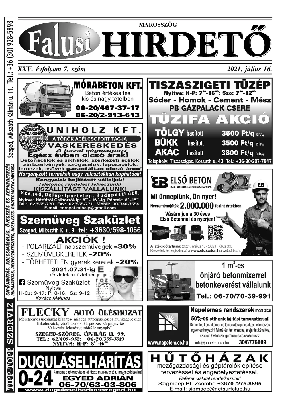 A Falusi Hirdető címlapja – Marosszög, 2021. július 16.