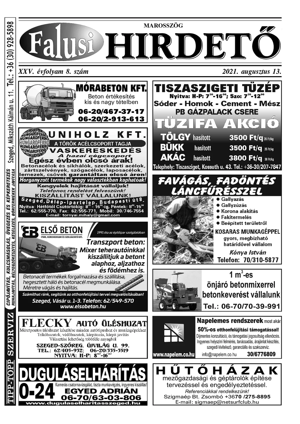 A Falusi Hirdető címlapja – Marosszög, 2021. augusztus 13.