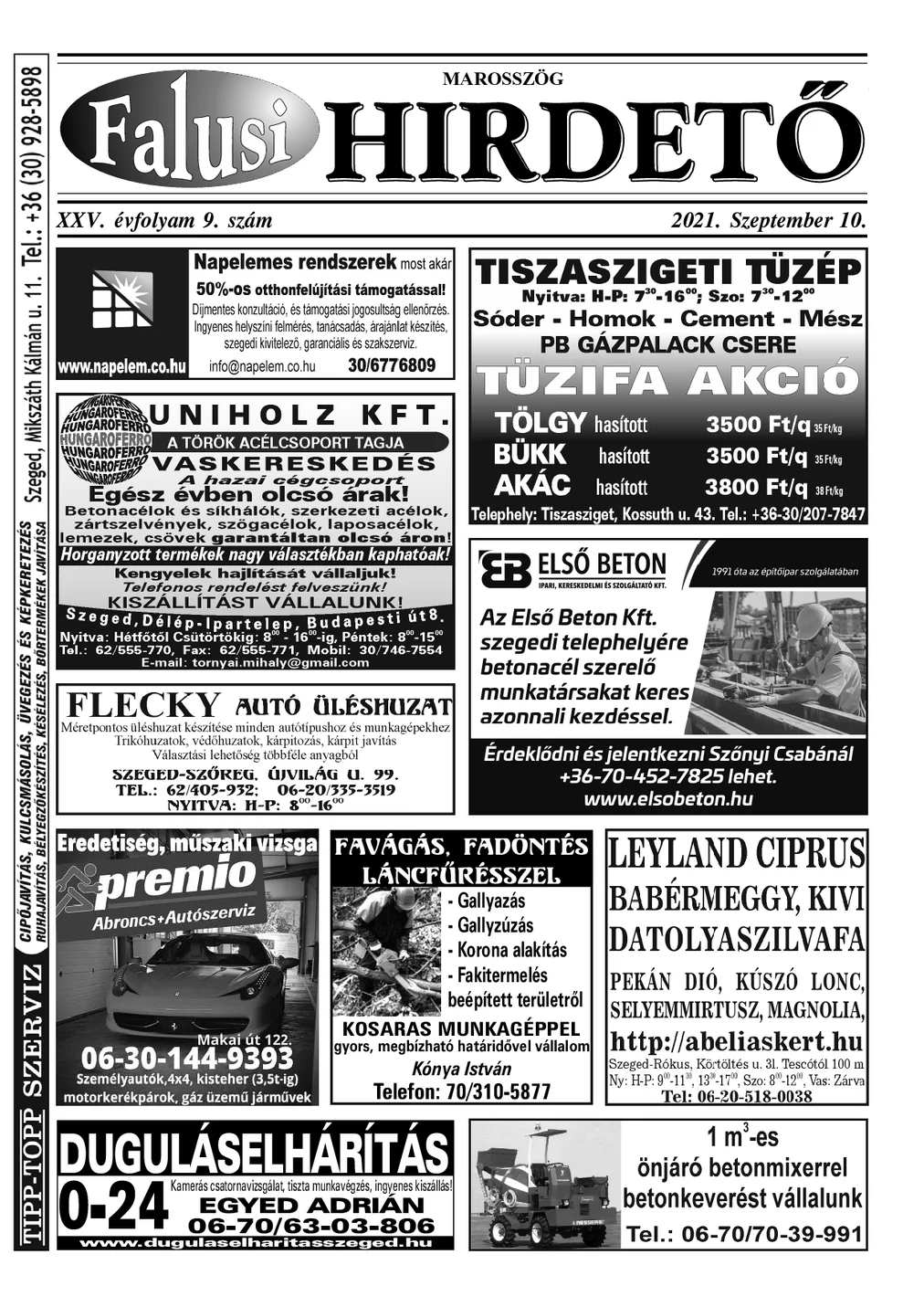 A Falusi Hirdető címlapja – Marosszög, 2021. szeptember 10.