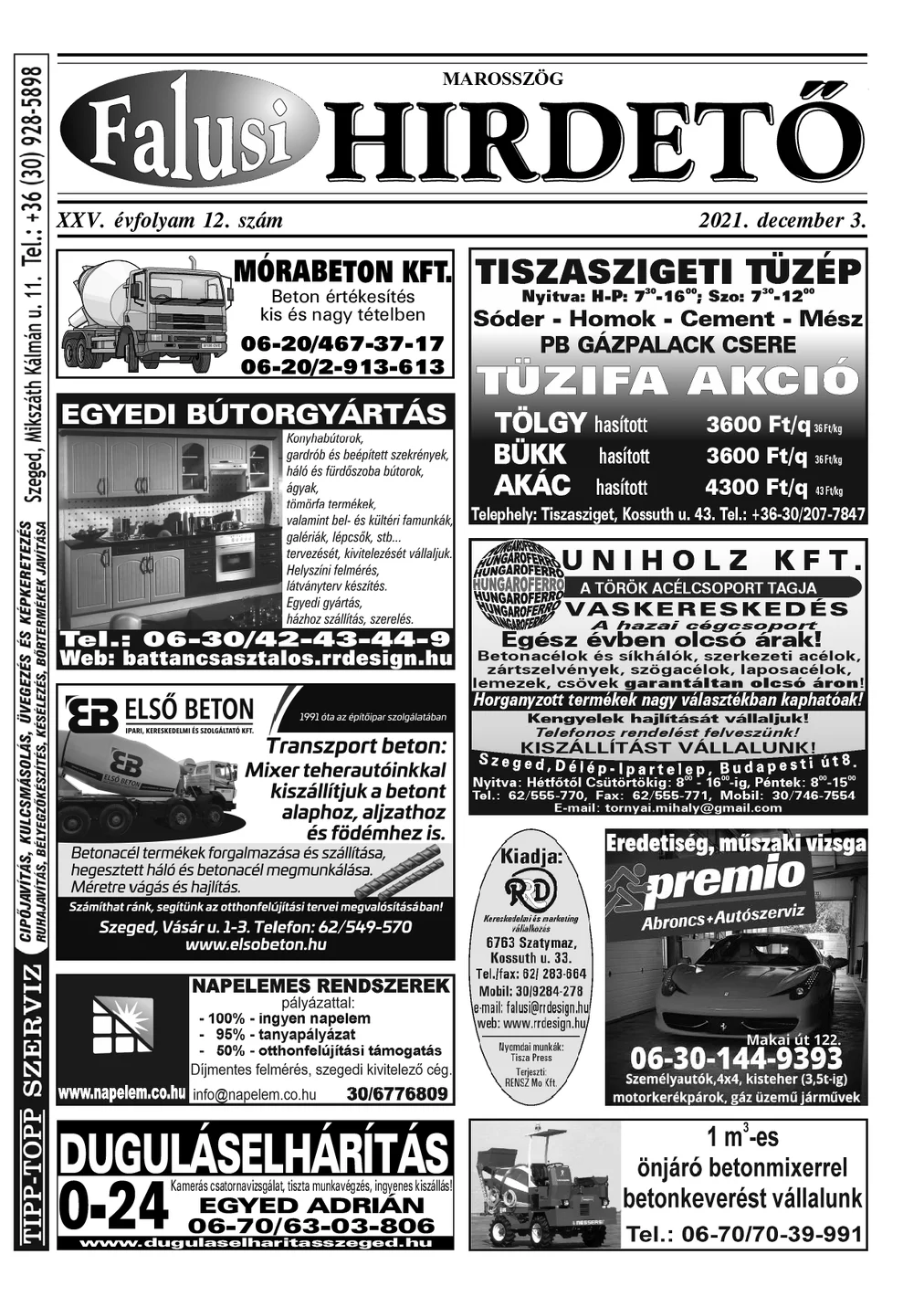 A Falusi Hirdető címlapja – Marosszög, 2021. december 3.