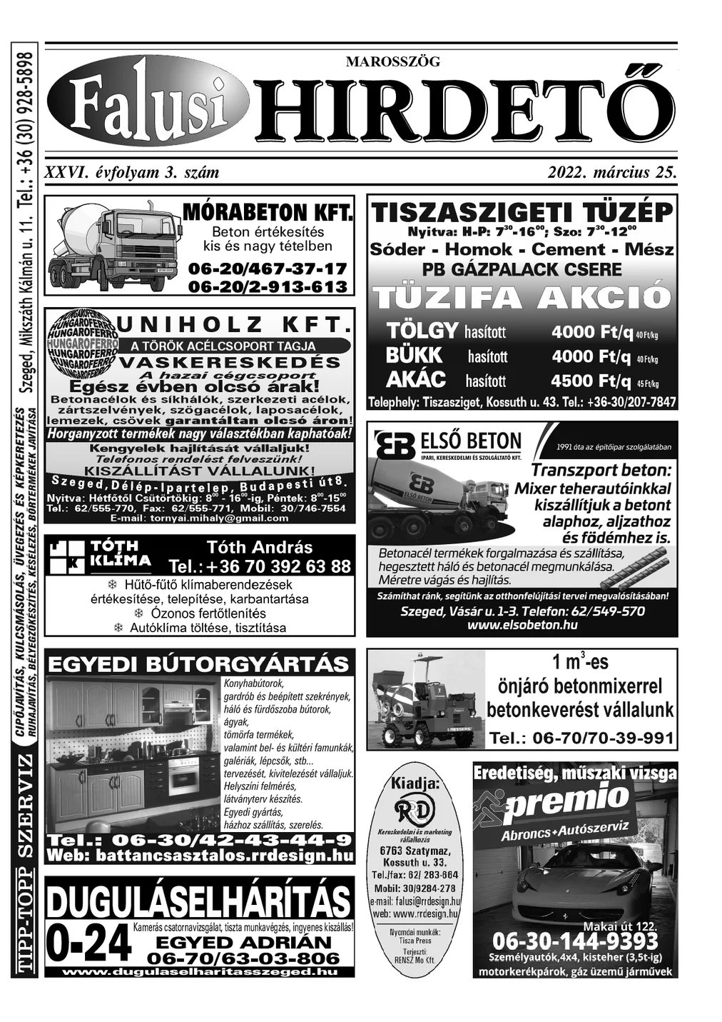 A Falusi Hirdető címlapja – Marosszög, 2022. március 25.