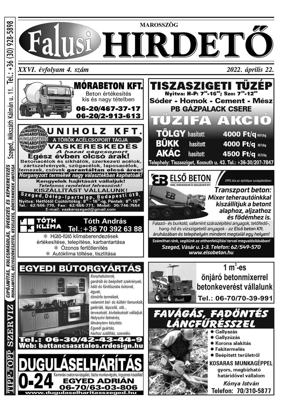 A Falusi Hirdető címlapja – Marosszög, 2022. április 22.