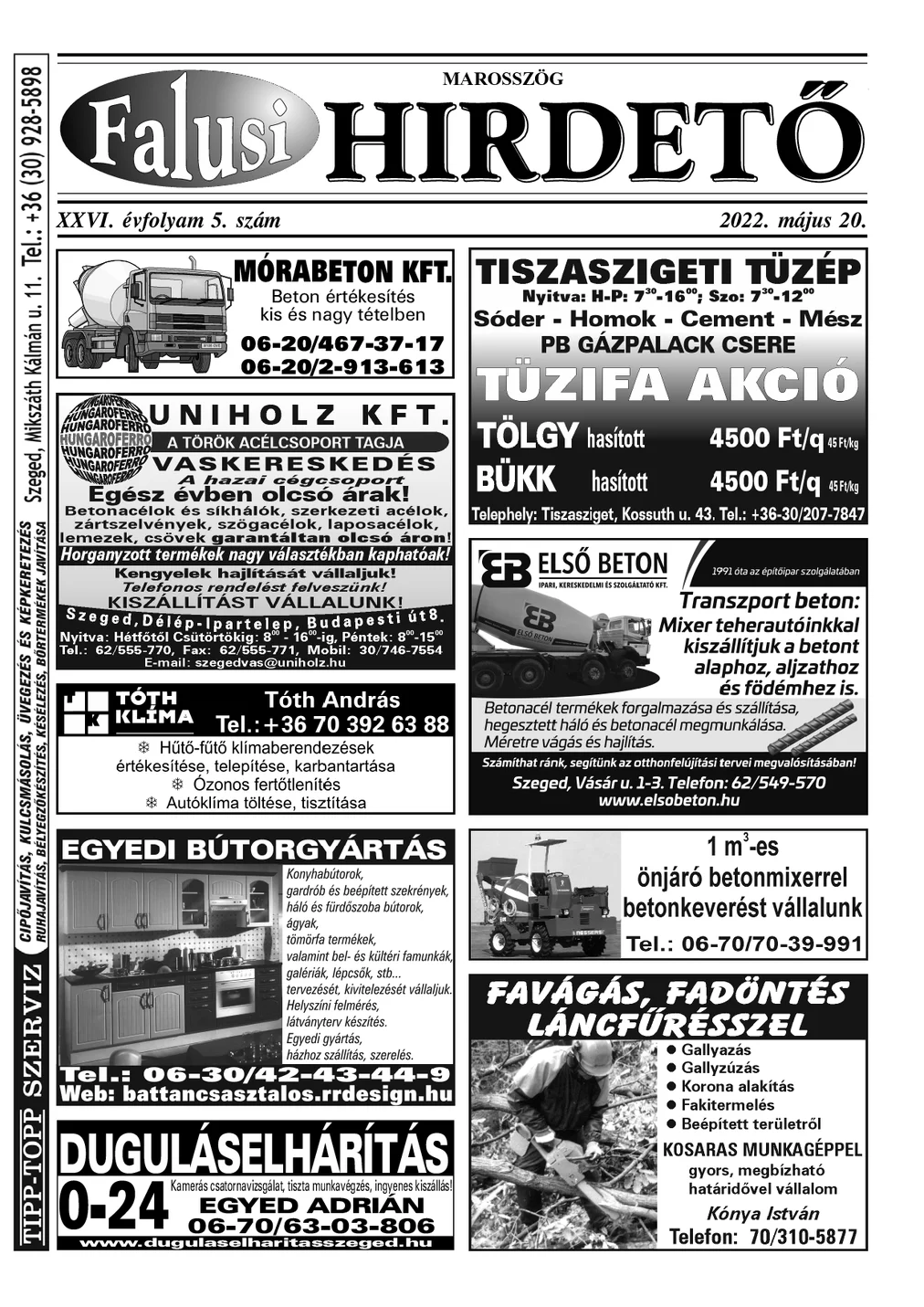 A Falusi Hirdető címlapja – Marosszög, 2022. május 20.