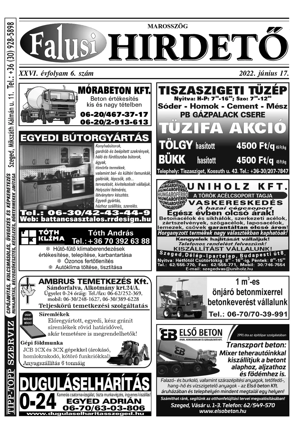 A Falusi Hirdető címlapja – Marosszög, 2022. június 17.