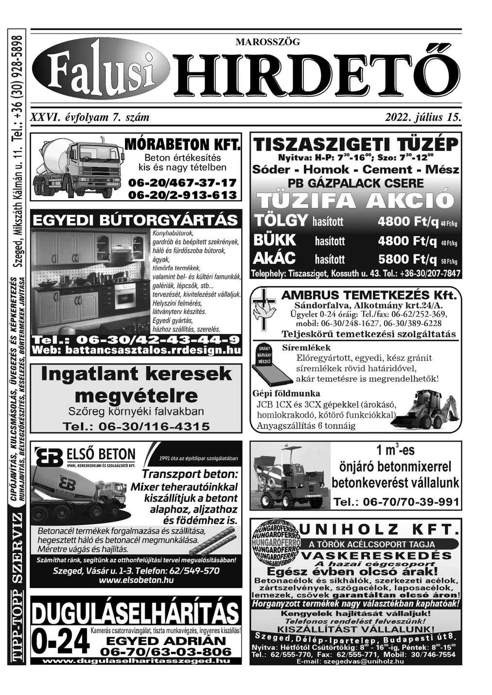 A Falusi Hirdető címlapja – Marosszög, 2022. július 15.