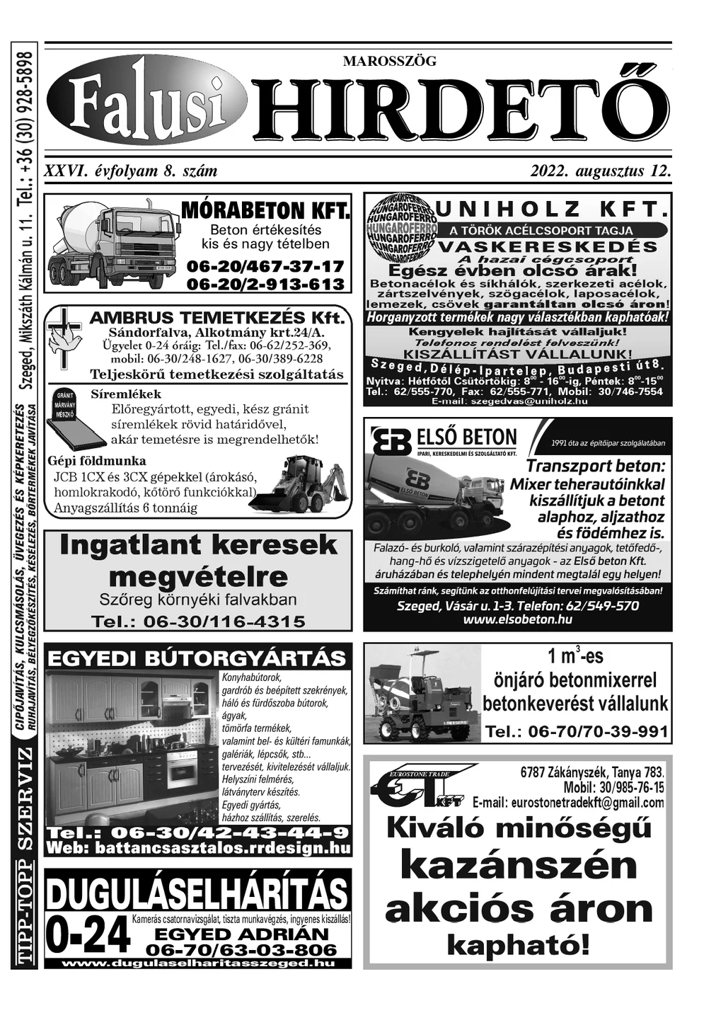 A Falusi Hirdető címlapja – Marosszög, 2022. augusztus 12.