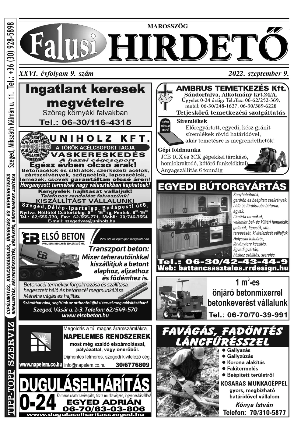 A Falusi Hirdető címlapja – Marosszög, 2022. szeptember 9.