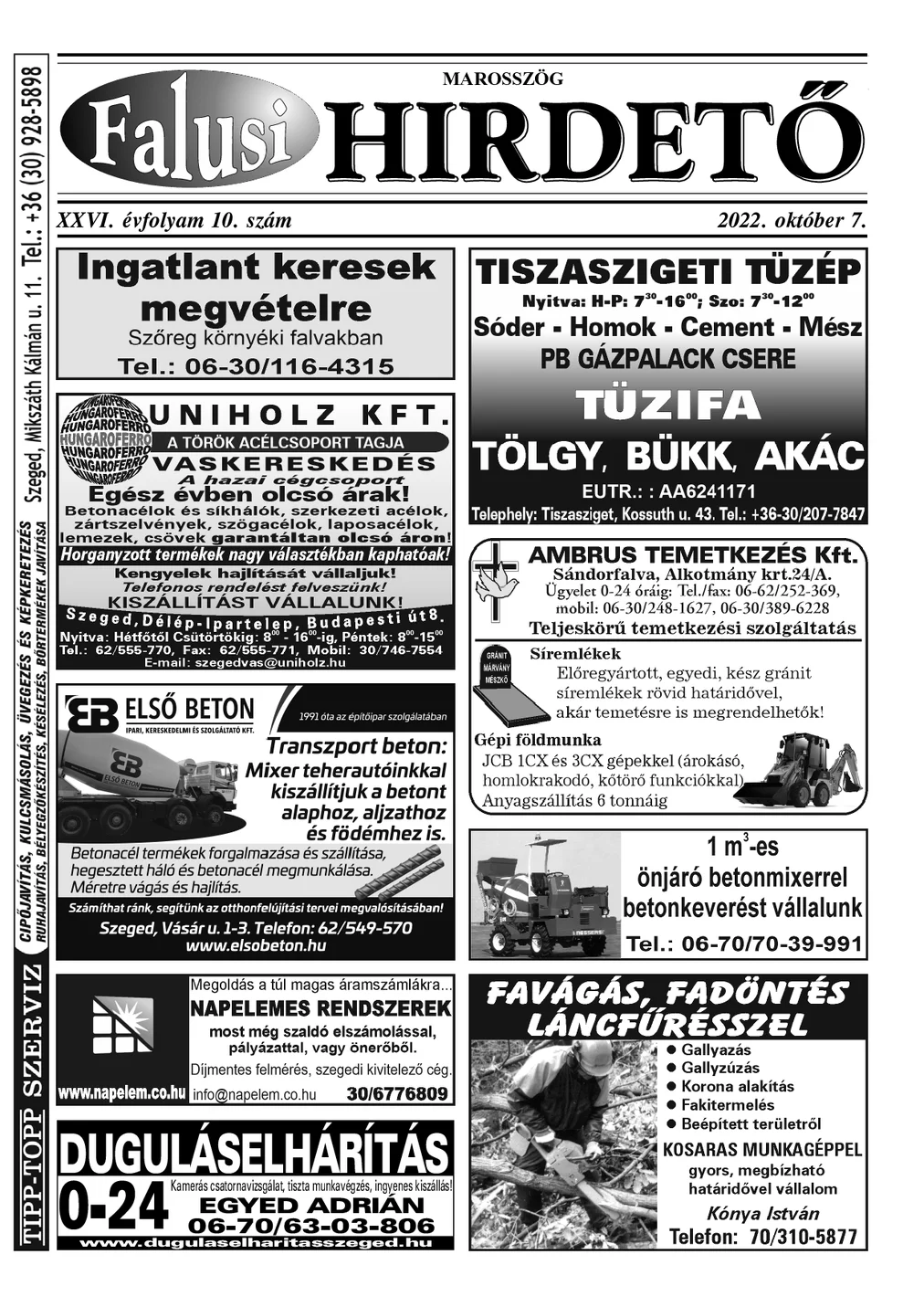 A Falusi Hirdető címlapja – Marosszög, 2022. október 7.