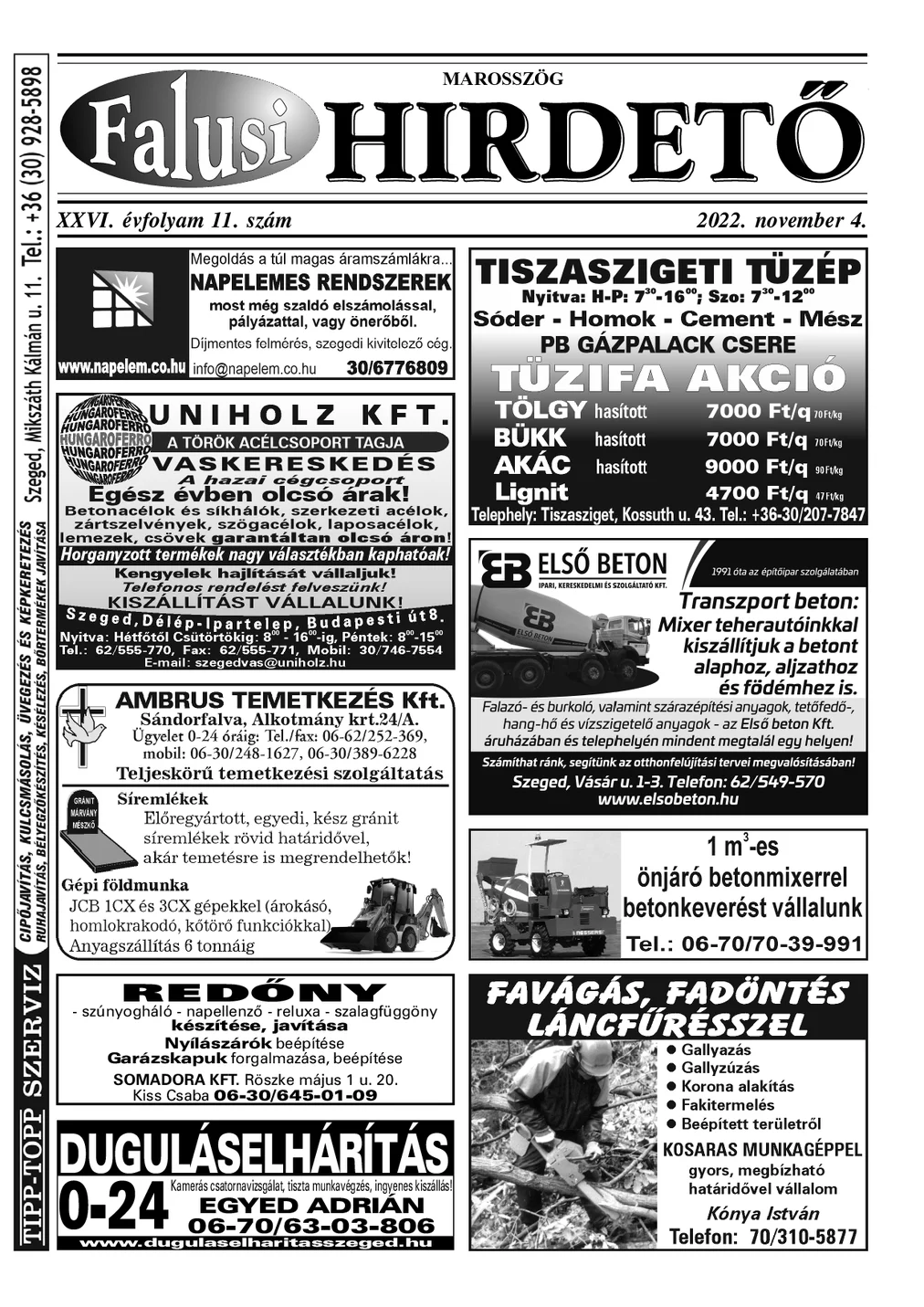 A Falusi Hirdető címlapja – Marosszög, 2022. november 4.