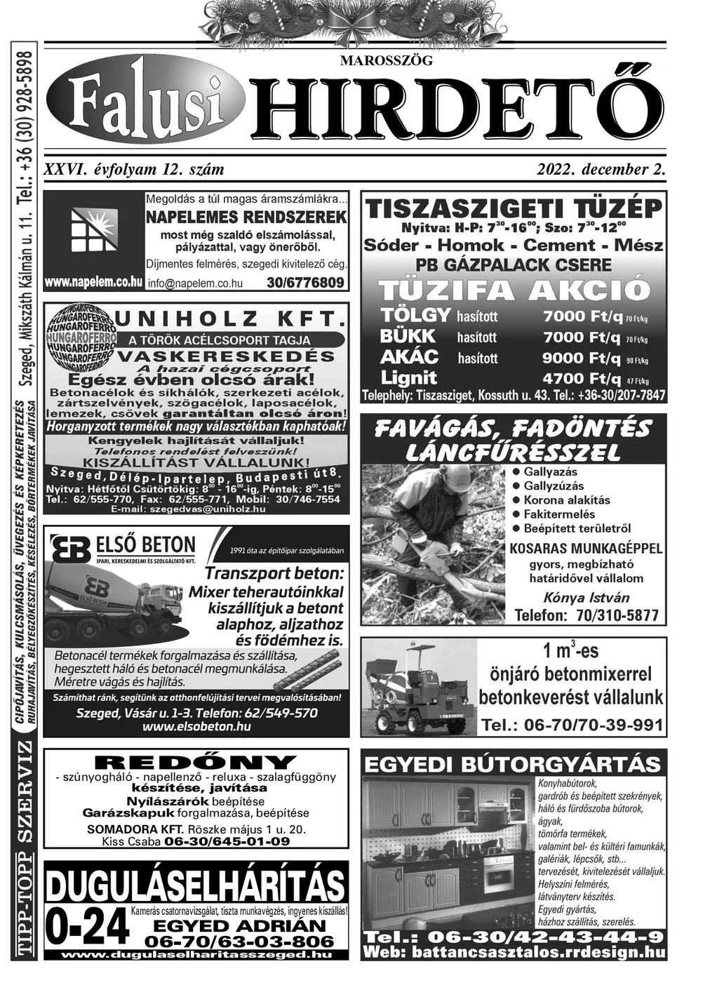 A Falusi Hirdető címlapja – Marosszög, 2022. december 2.