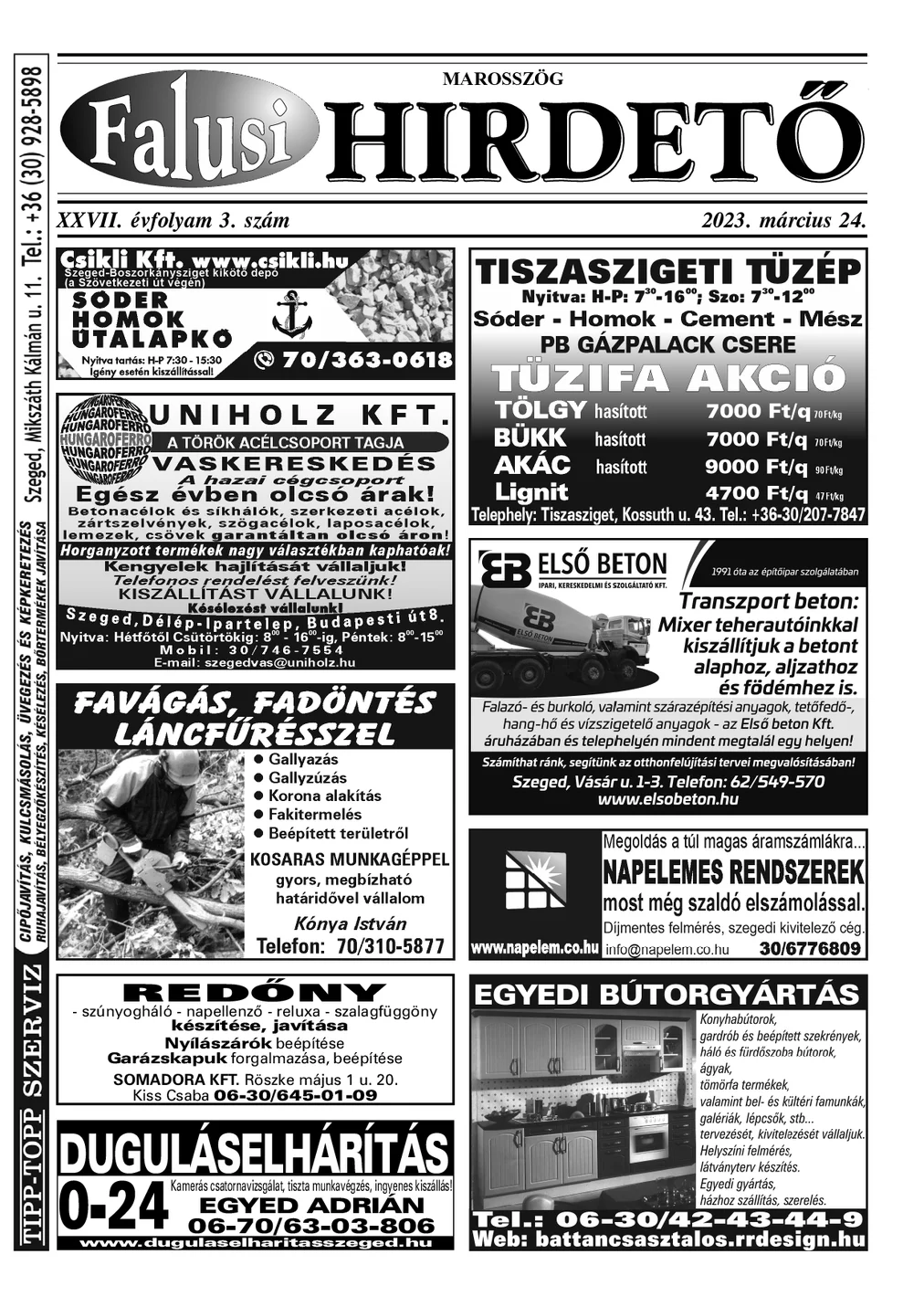 A Falusi Hirdető címlapja – Marosszög, 2023. március 24.