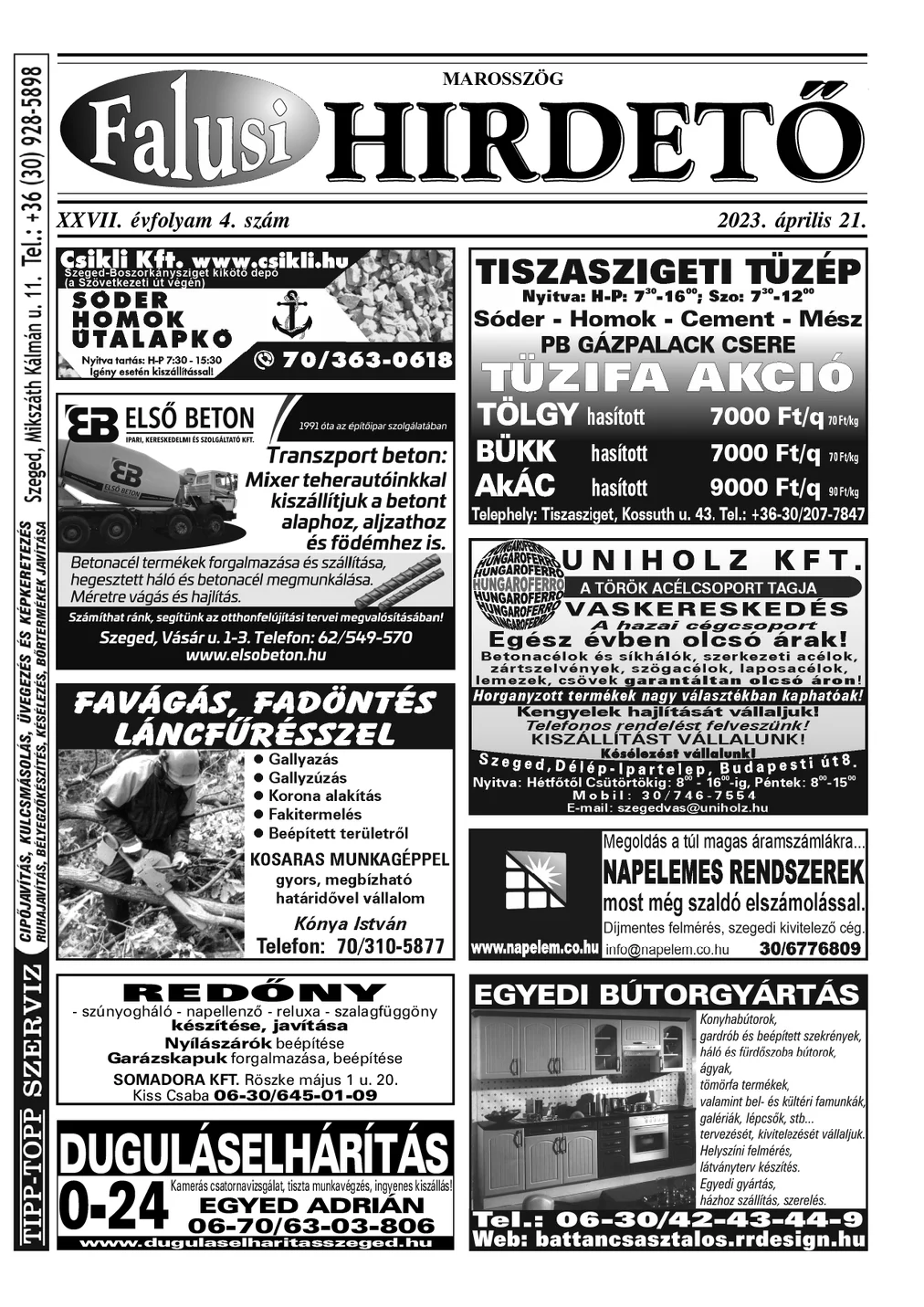 A Falusi Hirdető címlapja – Marosszög, 2023. április 21.
