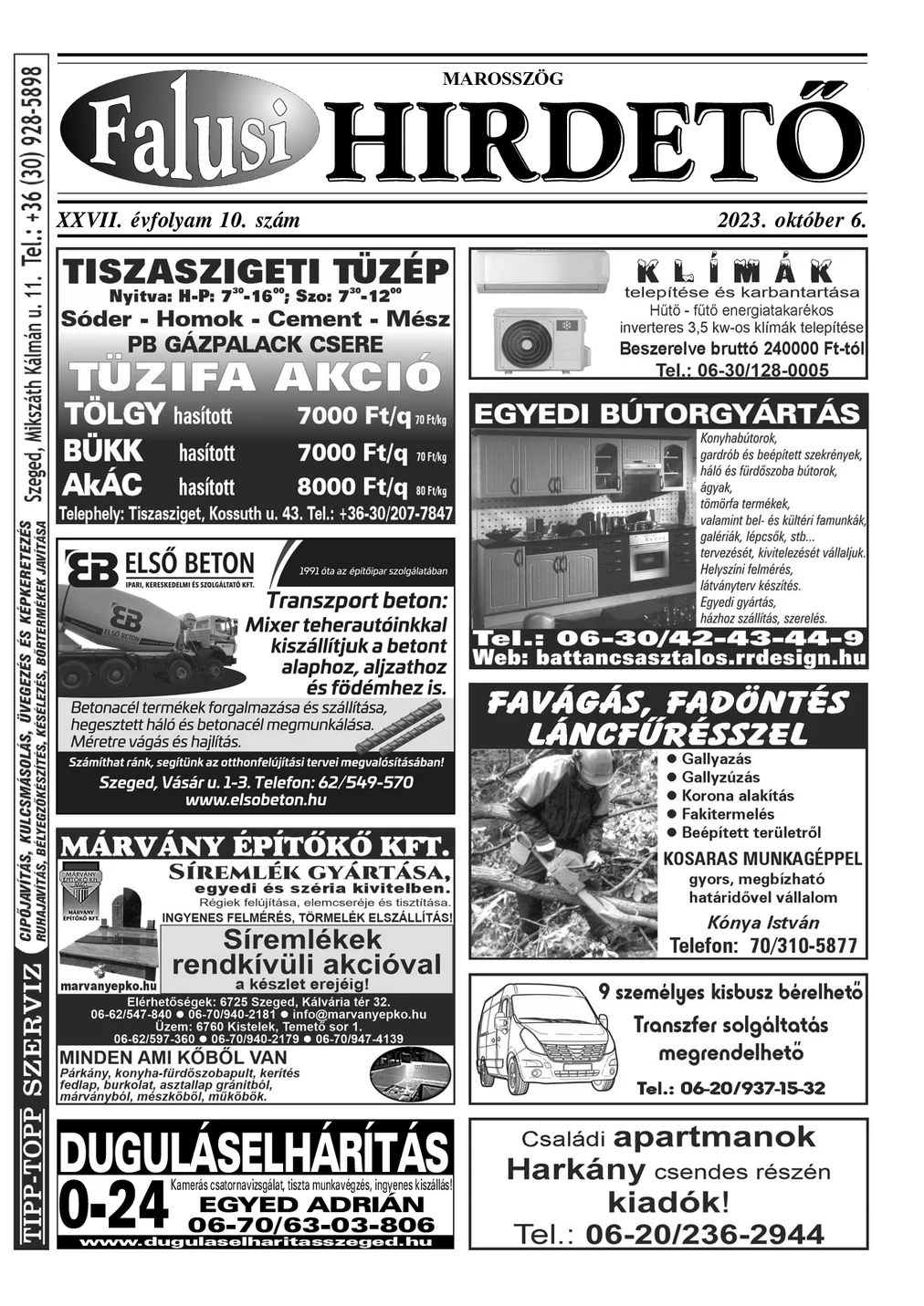 A Falusi Hirdető címlapja – Marosszög, 2023. október 6.