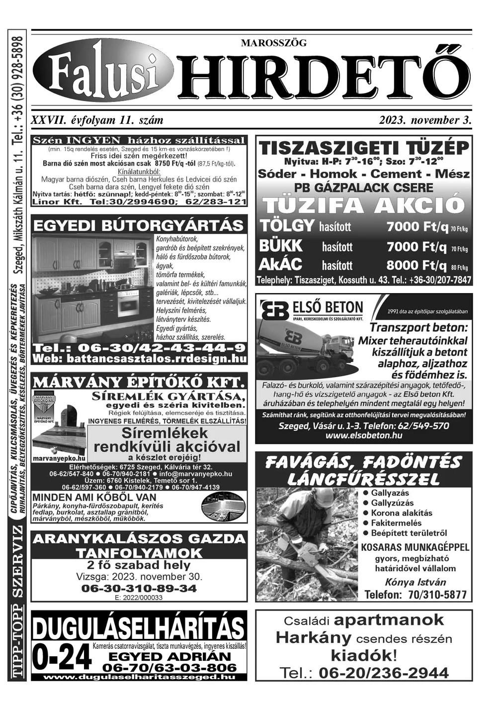 A Falusi Hirdető címlapja – Marosszög, 2023. november 3.