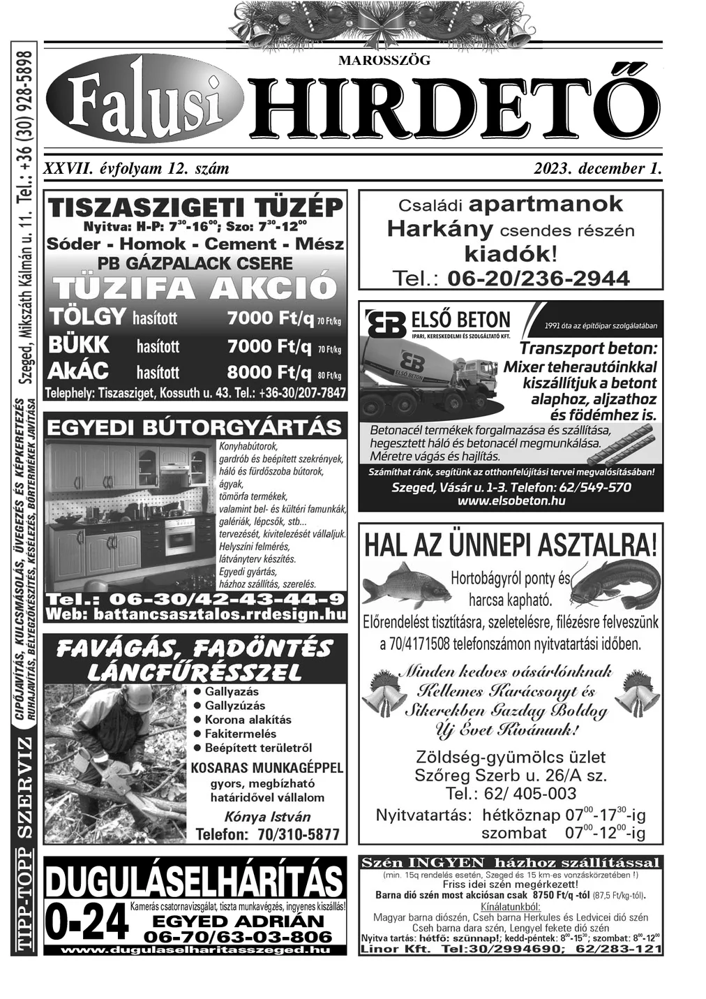 A Falusi Hirdető címlapja – Marosszög, 2023. december 1.