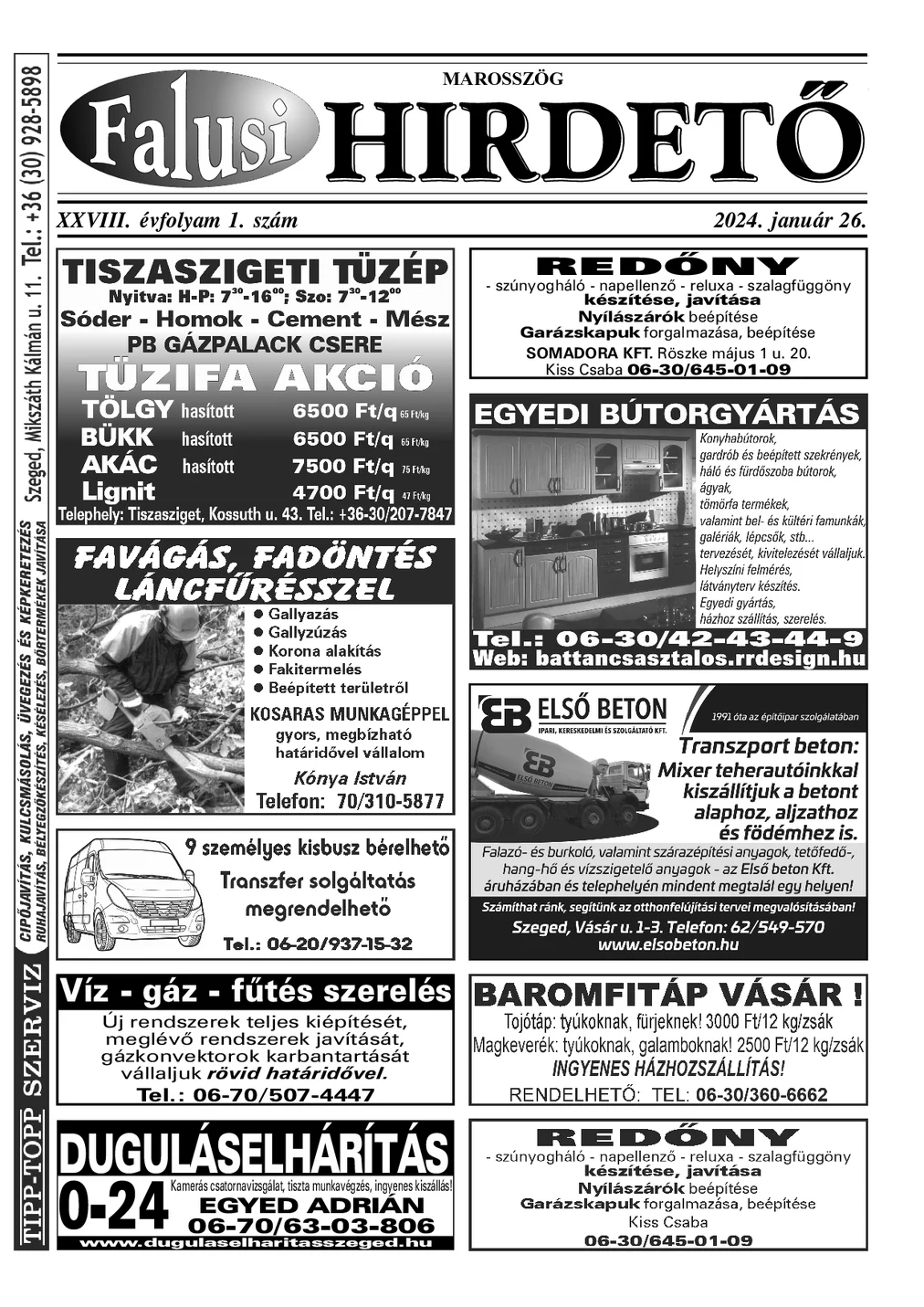 A Falusi Hirdető címlapja – Marosszög, 2024. január 26.