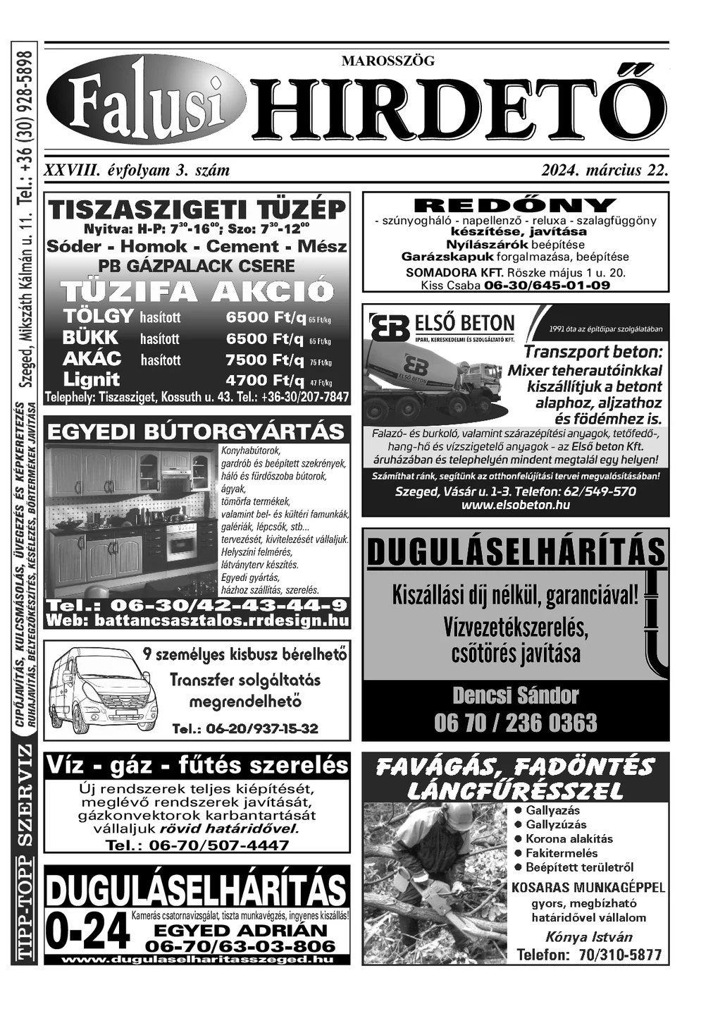 A Falusi Hirdető címlapja – Marosszög, 2024. március 22.