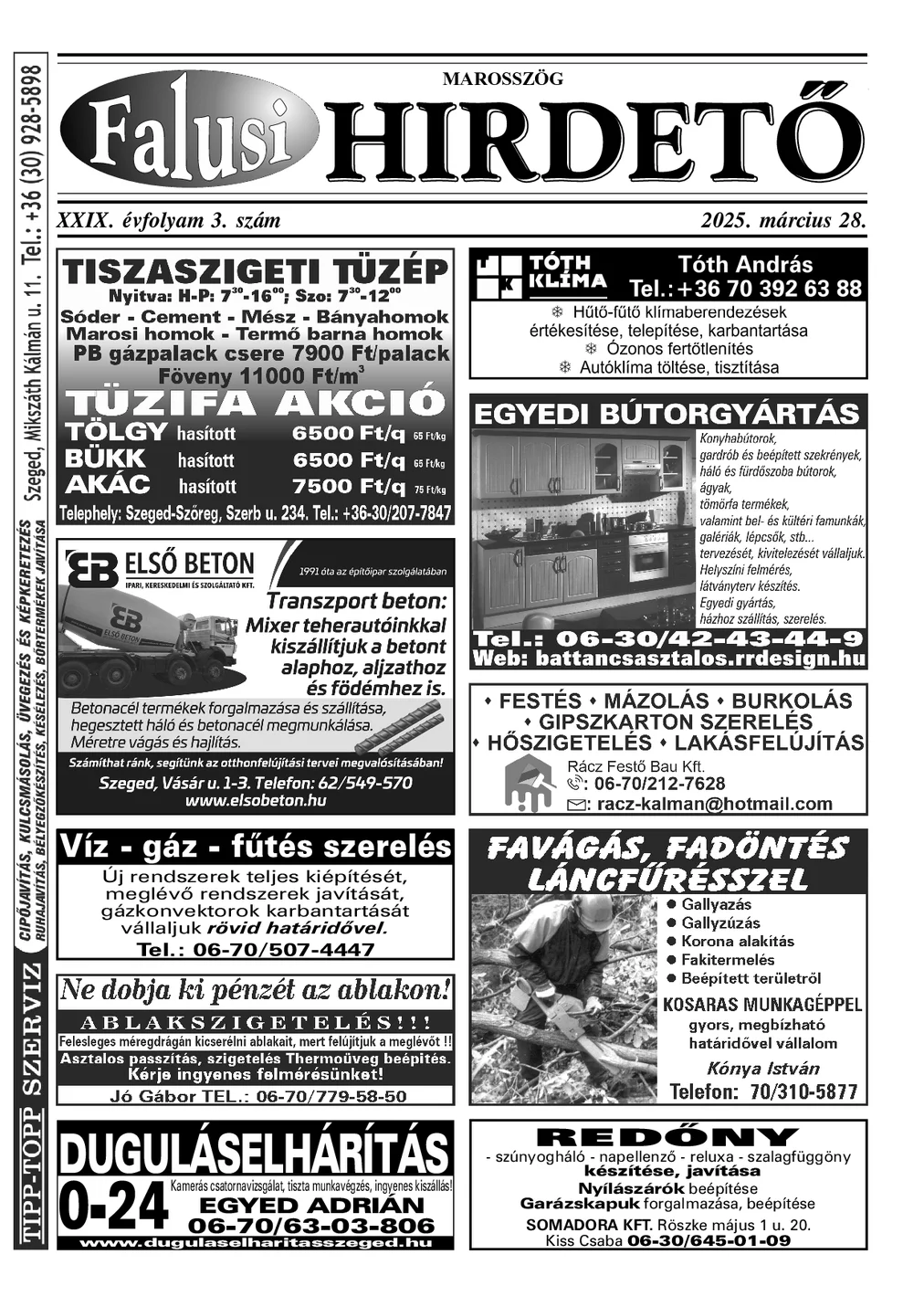 A Falusi Hirdető címlapja – Marosszög, 2025. március 28.