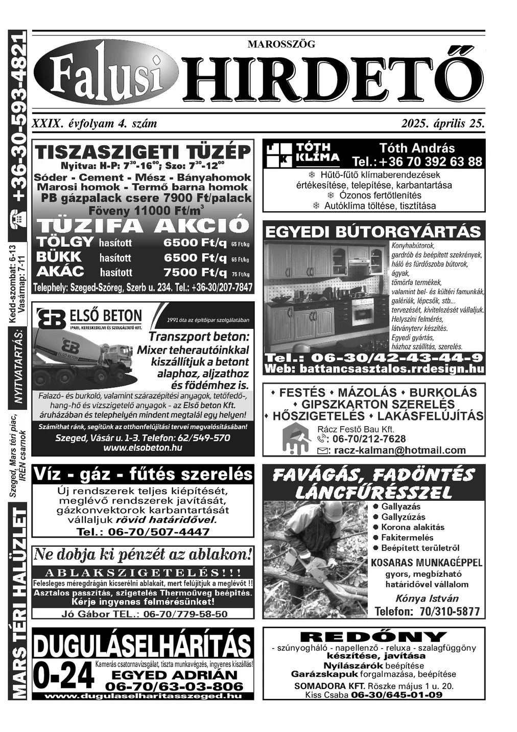 A Falusi Hirdető címlapja – Marosszög, 2025. április 25.